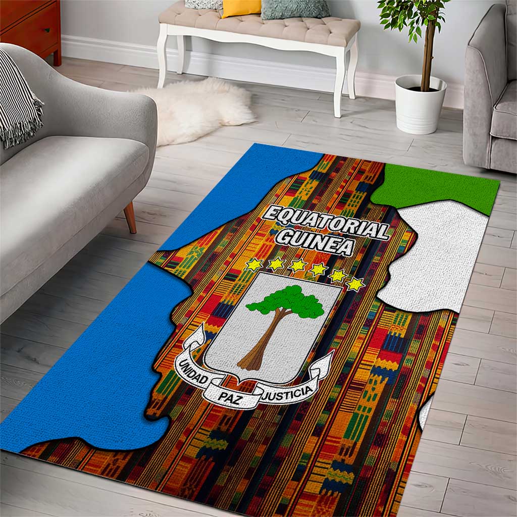 Equatorial Guinea Kente Area Rug - Tribal Mask and National Coat of Arms