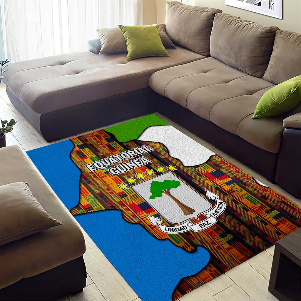 Equatorial Guinea Kente Area Rug - Tribal Mask and National Coat of Arms