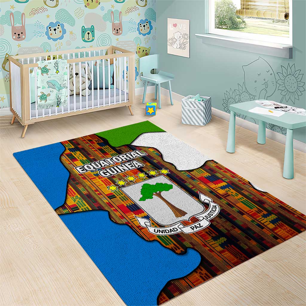 Equatorial Guinea Kente Area Rug - Tribal Mask and National Coat of Arms