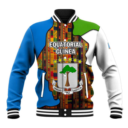 Equatorial Guinea Kente Baseball Jacket - Tribal Mask and National Coat of Arms