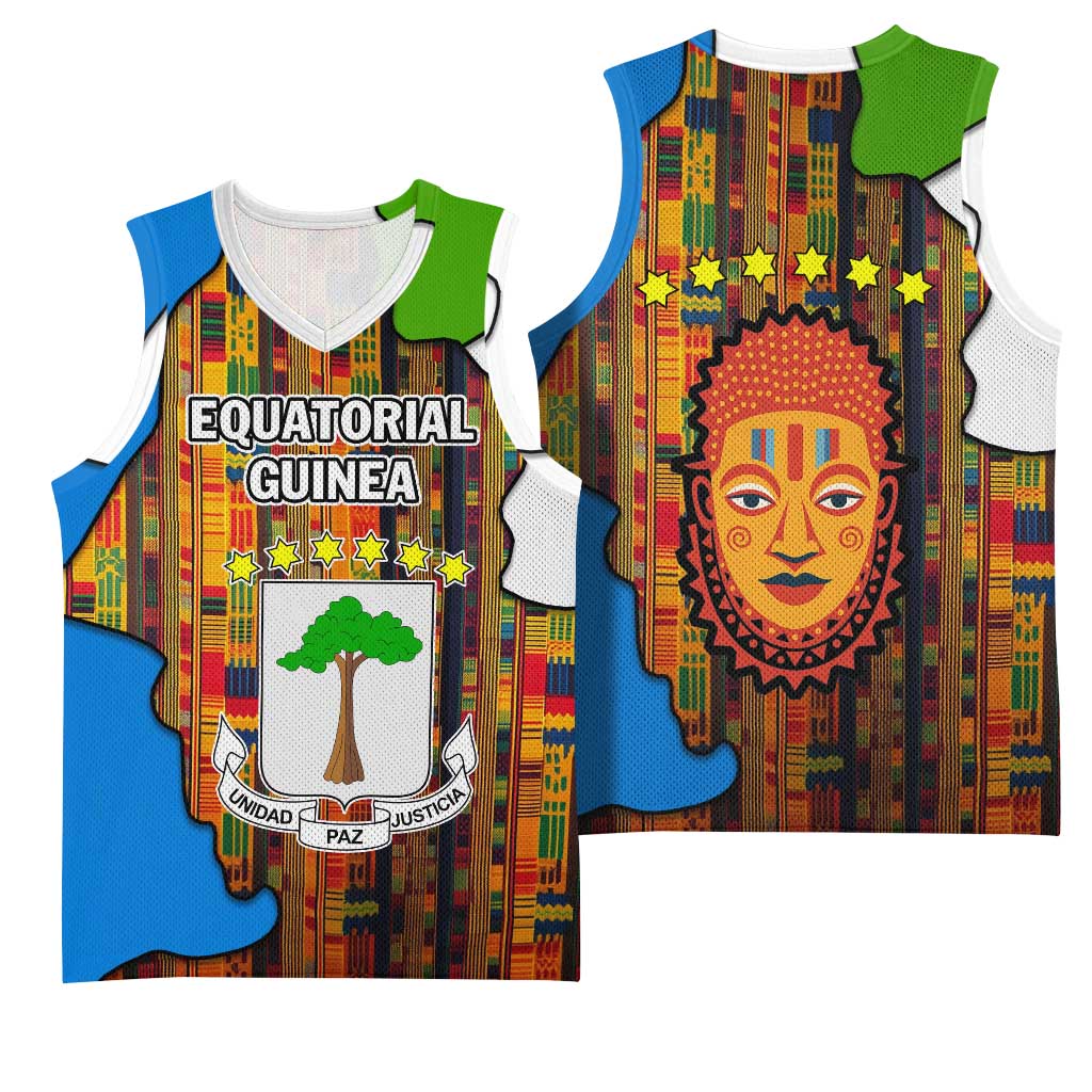 Equatorial Guinea Kente Basketball Jersey - Tribal Mask and National Coat of Arms - African Pride