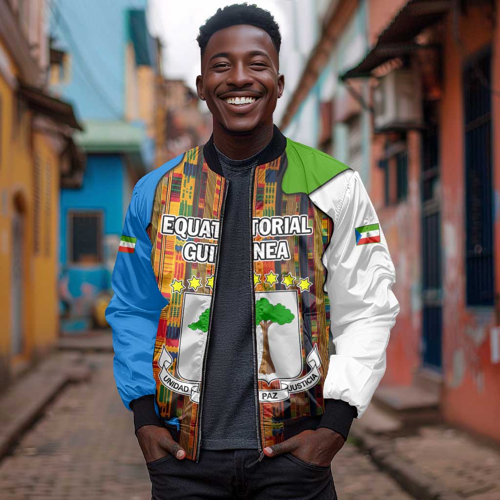 Equatorial Guinea Kente Bomber Jacket - Tribal Mask and National Coat of Arms