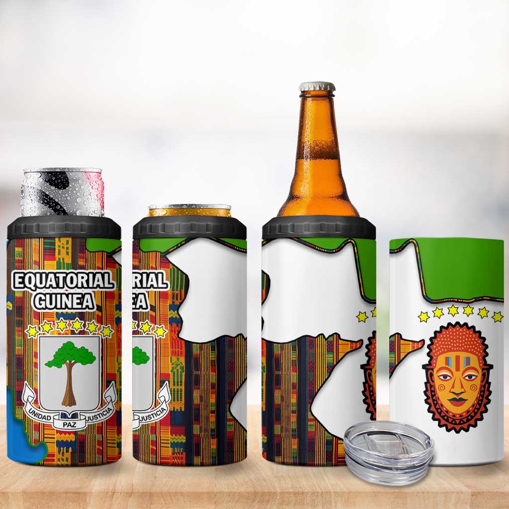 Equatorial Guinea Kente 4 in 1 Can Cooler Tumbler - Tribal Mask and National Coat of Arms