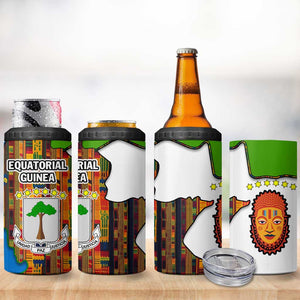 Equatorial Guinea Kente 4 in 1 Can Cooler Tumbler - Tribal Mask and National Coat of Arms