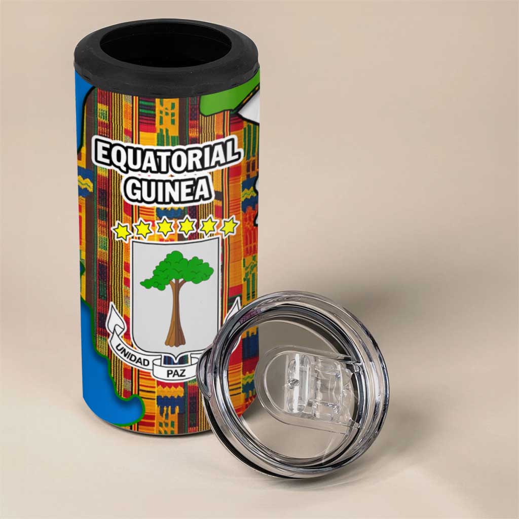 Equatorial Guinea Kente 4 in 1 Can Cooler Tumbler - Tribal Mask and National Coat of Arms