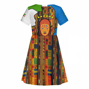 Equatorial Guinea Kente Kid Short Sleeve Dress - Tribal Mask and National Coat of Arms