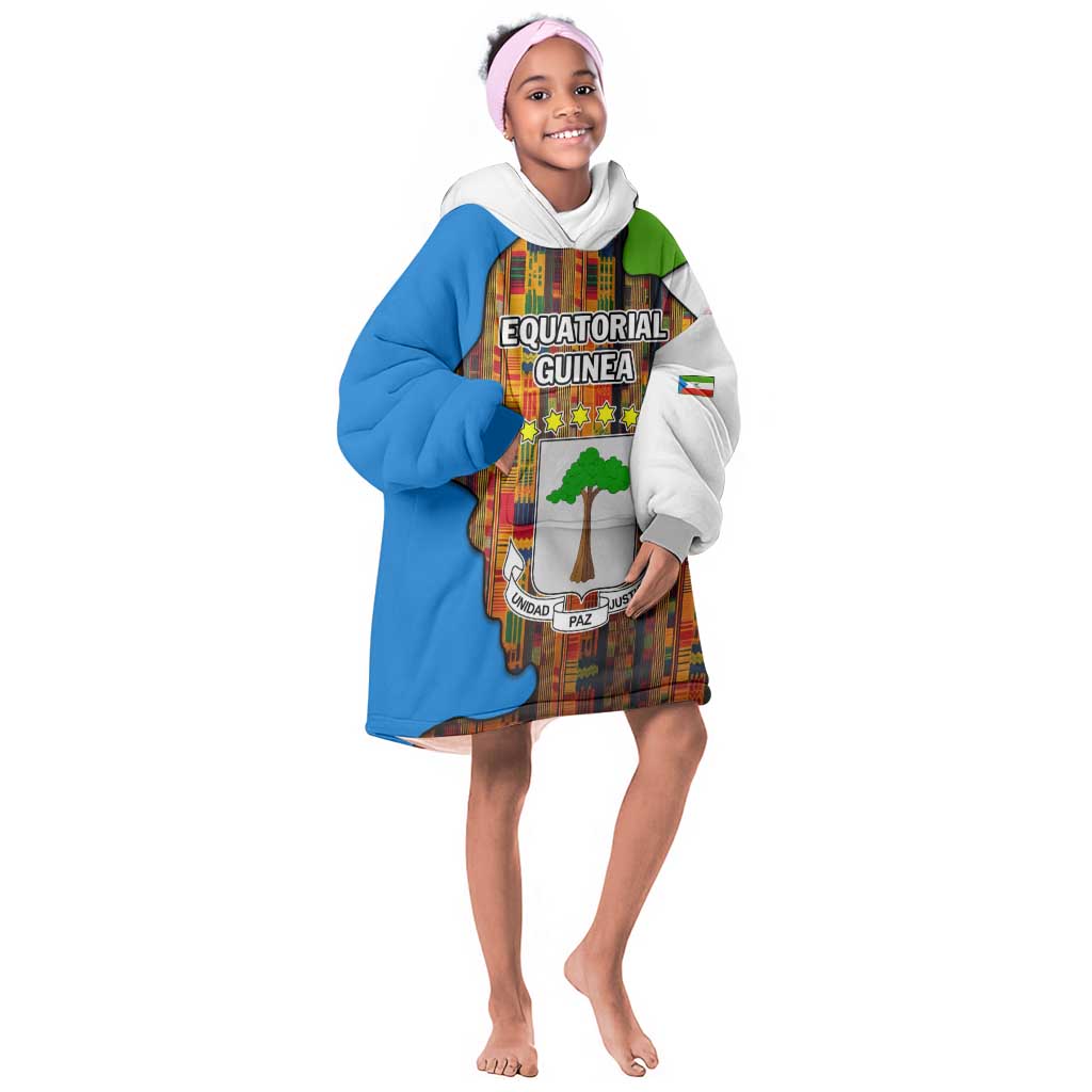 Equatorial Guinea Kente Kid Wearable Blanket Hoodie - Tribal Mask and National Coat of Arms