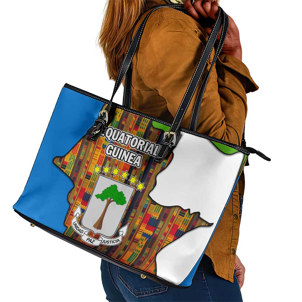 Equatorial Guinea Kente Leather Tote Bag - Tribal Mask and National Coat of Arms