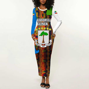 Equatorial Guinea Kente Long Sleeve Bodycon Dress - Tribal Mask and National Coat of Arms