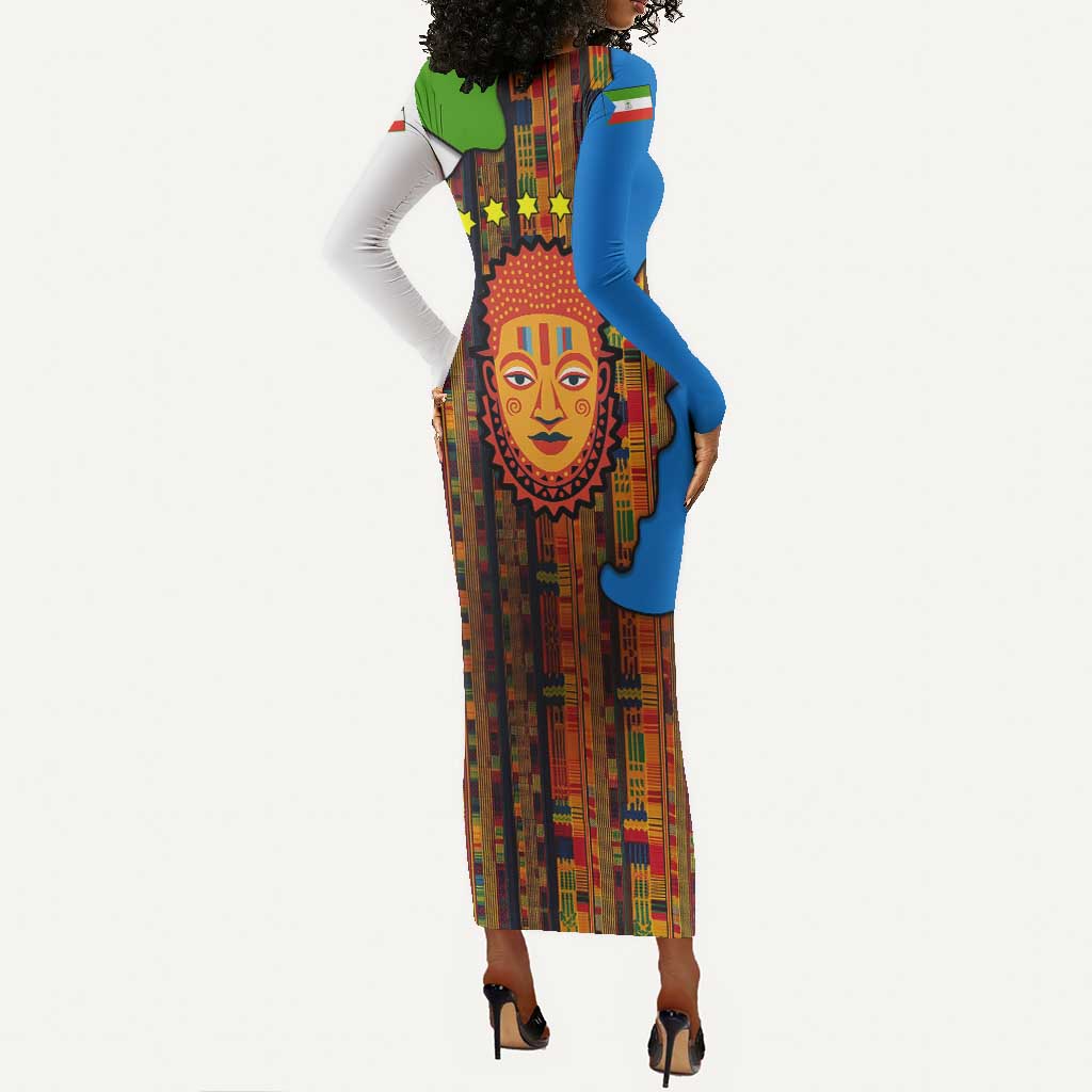 Equatorial Guinea Kente Long Sleeve Bodycon Dress - Tribal Mask and National Coat of Arms