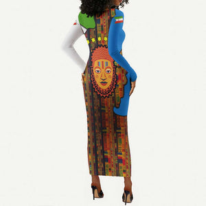 Equatorial Guinea Kente Long Sleeve Bodycon Dress - Tribal Mask and National Coat of Arms