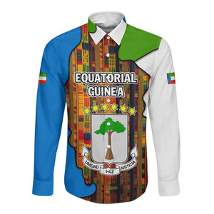 Equatorial Guinea Kente Long Sleeve Button Shirt - Tribal Mask and National Coat of Arms