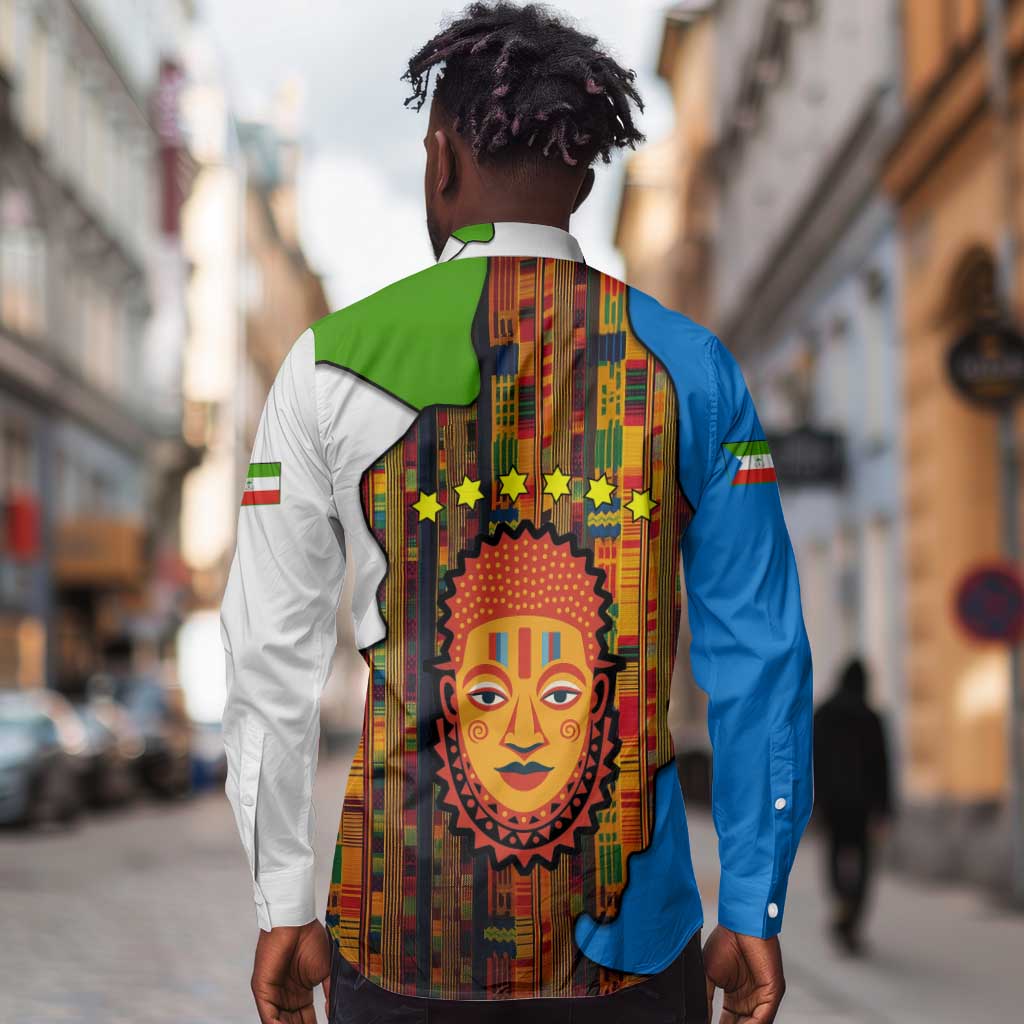 Equatorial Guinea Kente Long Sleeve Button Shirt - Tribal Mask and National Coat of Arms