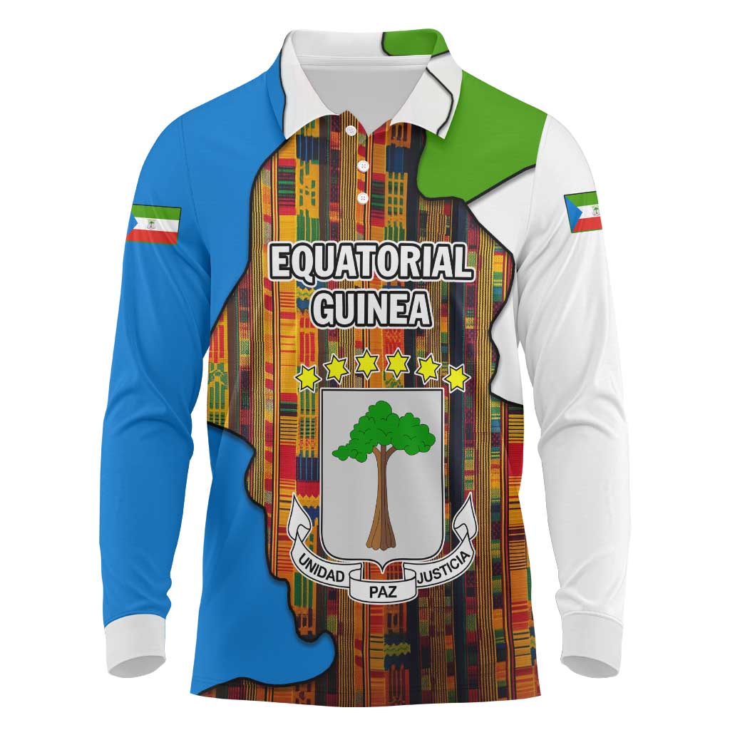 Equatorial Guinea Kente Long Sleeve Polo Shirt - Tribal Mask and National Coat of Arms