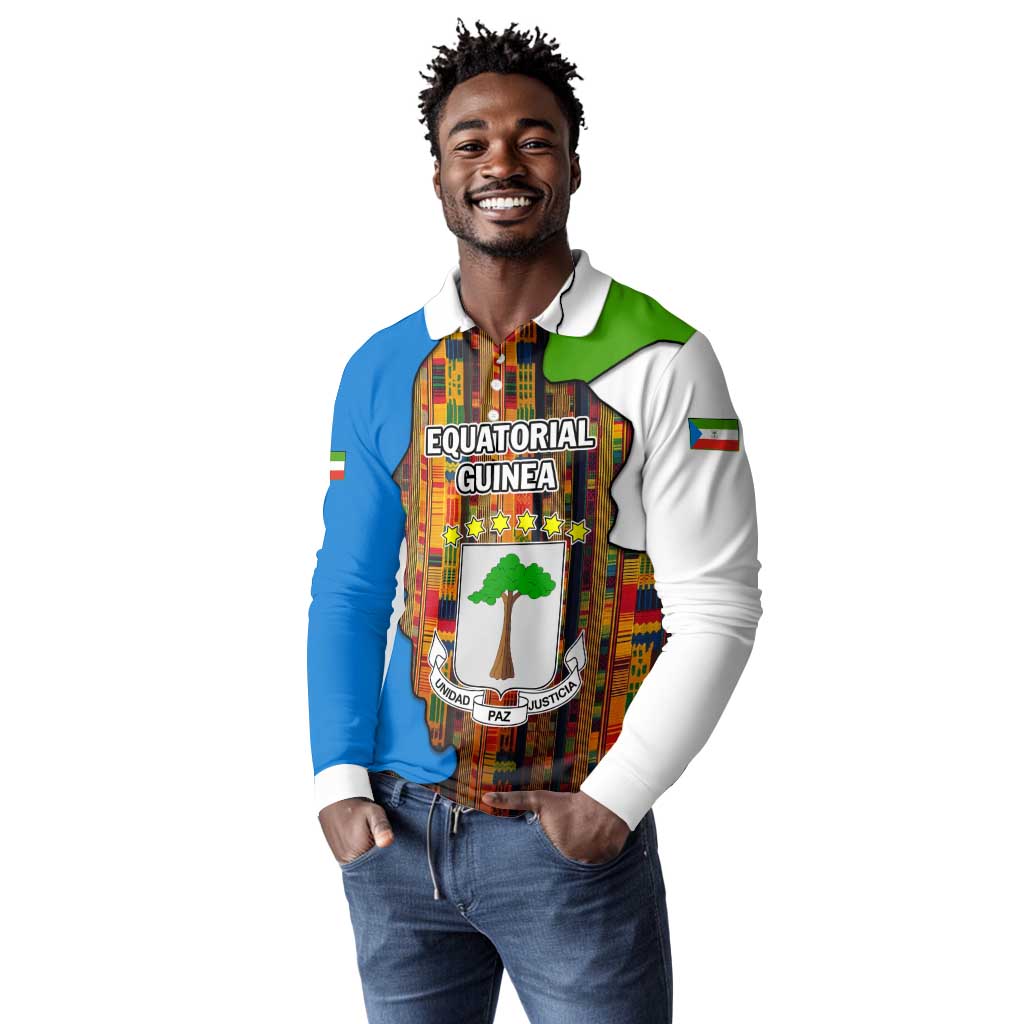 Equatorial Guinea Kente Long Sleeve Polo Shirt - Tribal Mask and National Coat of Arms