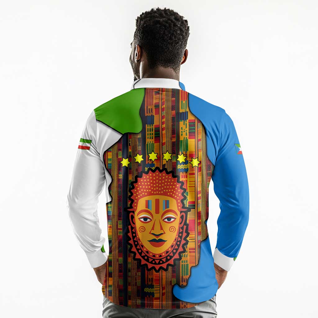 Equatorial Guinea Kente Long Sleeve Polo Shirt - Tribal Mask and National Coat of Arms