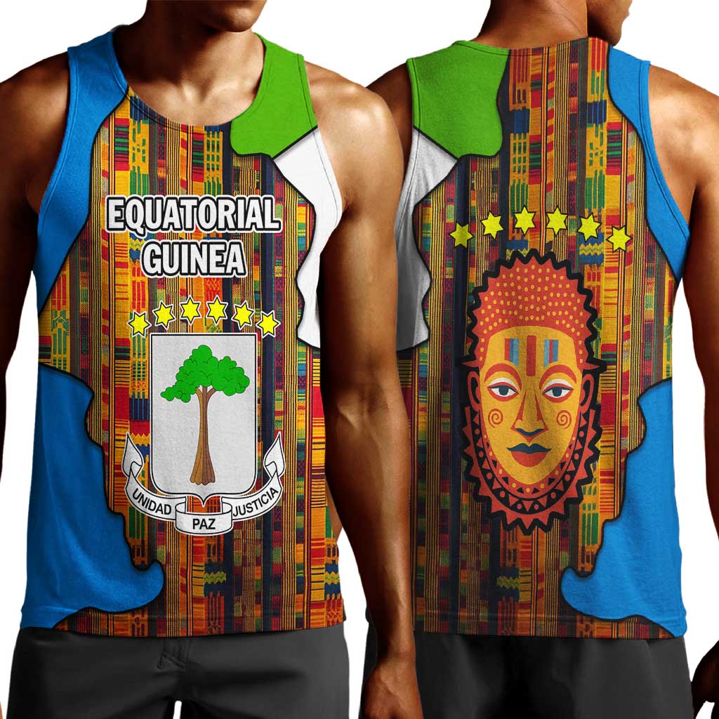 Equatorial Guinea Kente Men Tank Top - Tribal Mask and National Coat of Arms