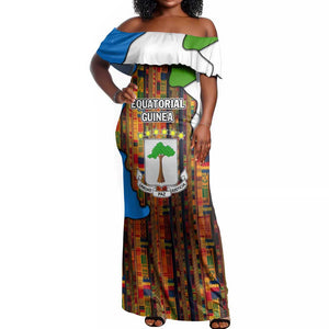 Equatorial Guinea Kente Off Shoulder Maxi Dress - Tribal Mask and National Coat of Arms