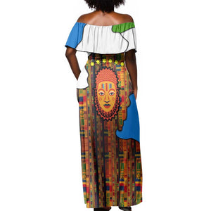 Equatorial Guinea Kente Off Shoulder Maxi Dress - Tribal Mask and National Coat of Arms
