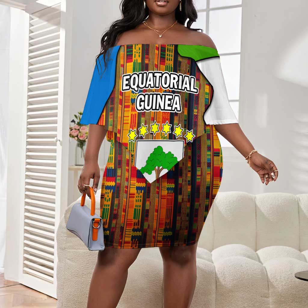 Equatorial Guinea Kente Off Shoulder Short Dress - Tribal Mask and National Coat of Arms