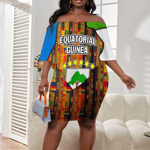 Equatorial Guinea Kente Off Shoulder Short Dress - Tribal Mask and National Coat of Arms
