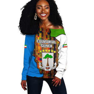Equatorial Guinea Kente Off Shoulder Sweater - Tribal Mask and National Coat of Arms