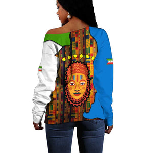 Equatorial Guinea Kente Off Shoulder Sweater - Tribal Mask and National Coat of Arms