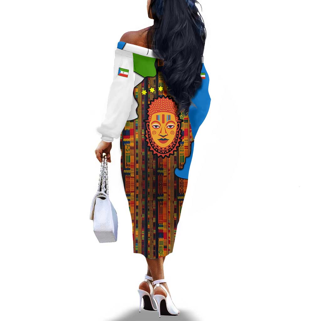 Equatorial Guinea Kente Off The Shoulder Long Sleeve Dress - Tribal Mask and National Coat of Arms