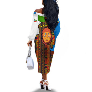 Equatorial Guinea Kente Off The Shoulder Long Sleeve Dress - Tribal Mask and National Coat of Arms