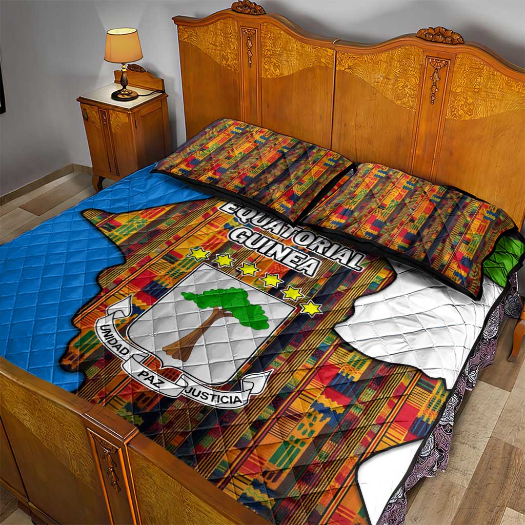 Equatorial Guinea Kente Quilt Bed Set - Tribal Mask and National Coat of Arms