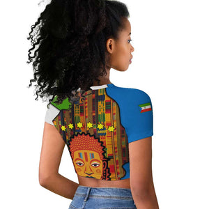 Equatorial Guinea Kente Raglan Cropped T shirt - Tribal Mask and National Coat of Arms