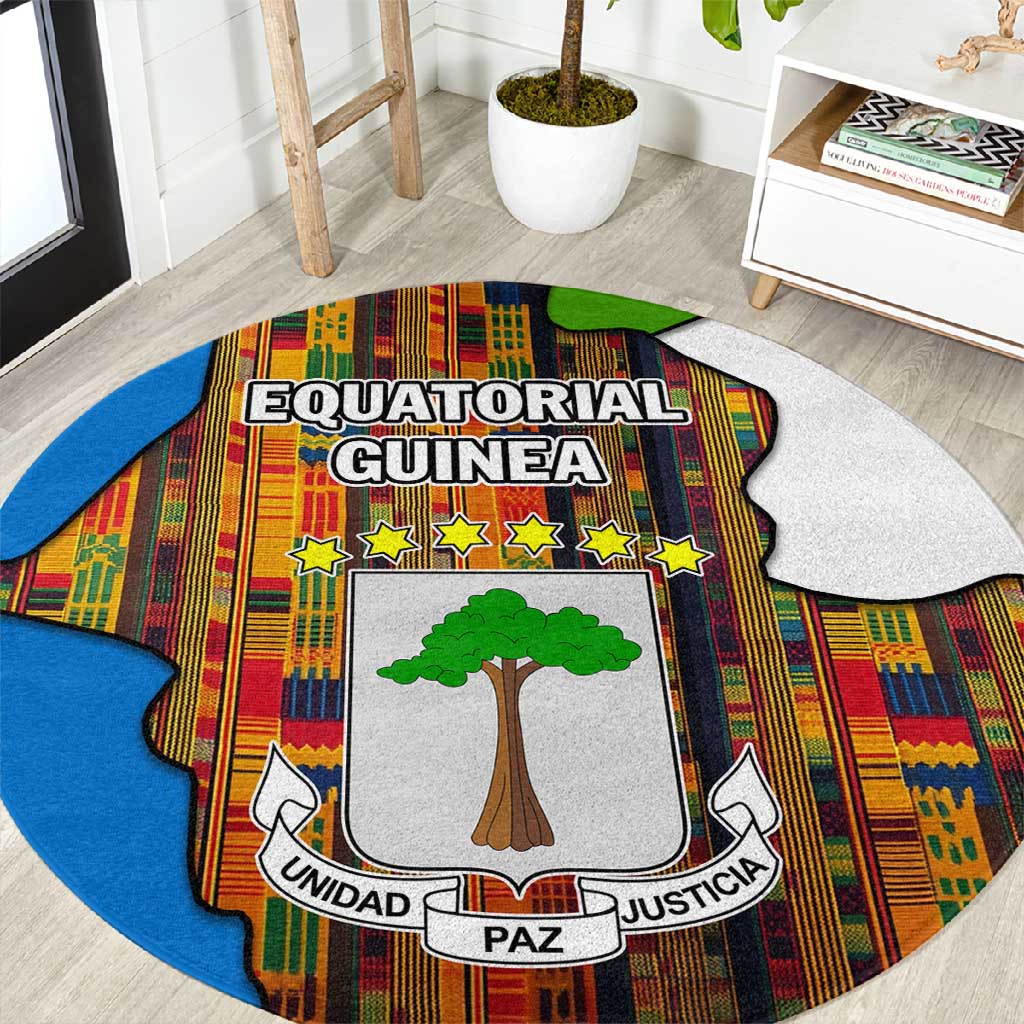 Equatorial Guinea Kente Round Carpet - Tribal Mask and National Coat of Arms