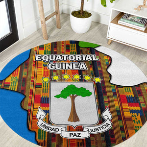 Equatorial Guinea Kente Round Carpet - Tribal Mask and National Coat of Arms