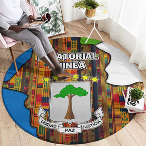 Equatorial Guinea Kente Round Carpet - Tribal Mask and National Coat of Arms