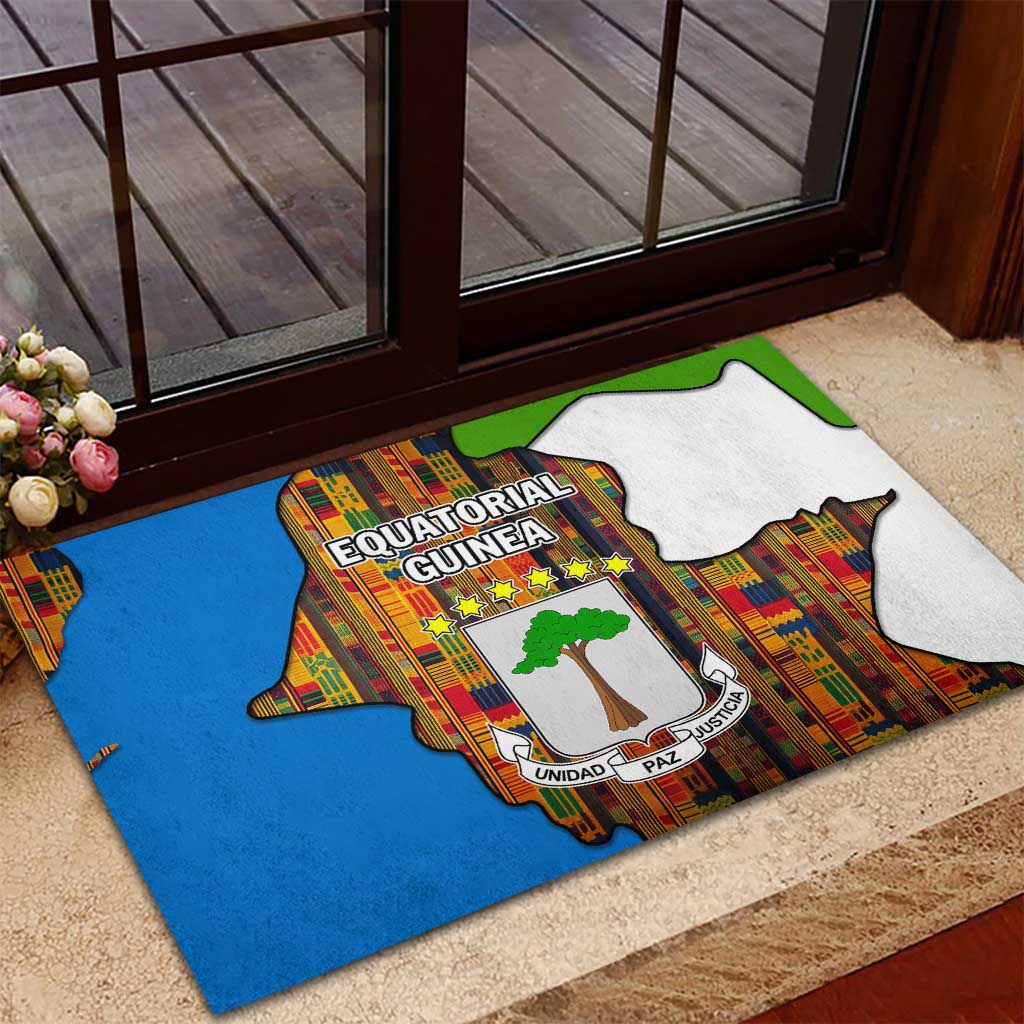 Equatorial Guinea Kente Rubber Doormat - Tribal Mask and National Coat of Arms