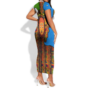 Equatorial Guinea Kente Short Sleeve Bodycon Dress - Tribal Mask and National Coat of Arms