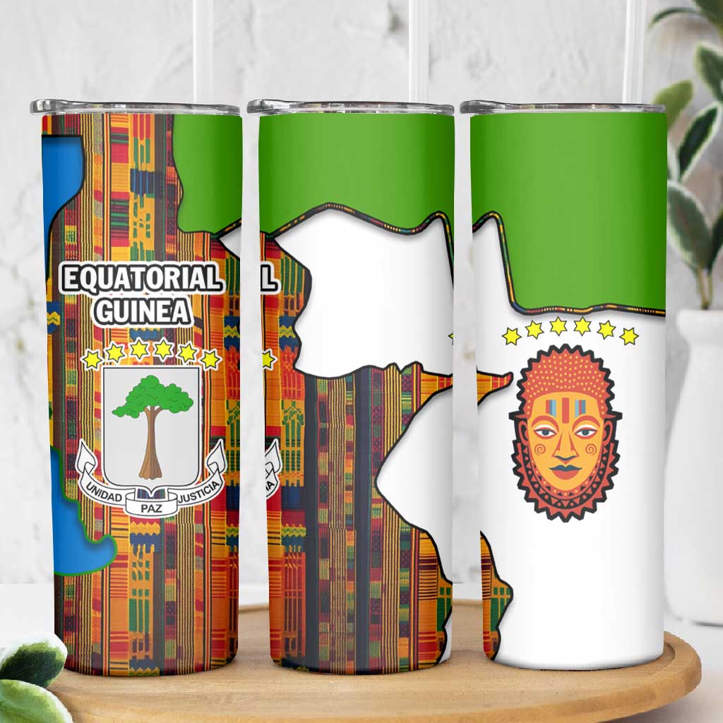 Equatorial Guinea Kente Skinny Tumbler - Tribal Mask and National Coat of Arms