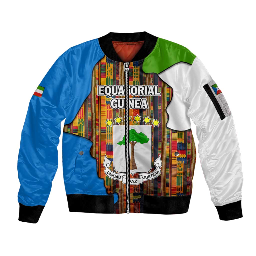 Equatorial Guinea Kente Sleeve Zip Bomber Jacket - Tribal Mask and National Coat of Arms