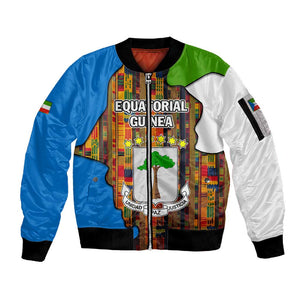 Equatorial Guinea Kente Sleeve Zip Bomber Jacket - Tribal Mask and National Coat of Arms