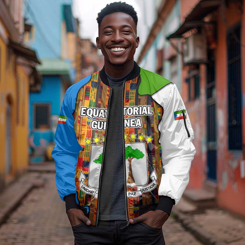 Equatorial Guinea Kente Sleeve Zip Bomber Jacket - Tribal Mask and National Coat of Arms