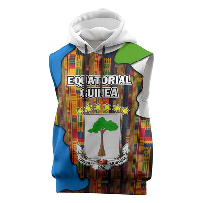 Equatorial Guinea Kente Sleeveless Hoodie - Tribal Mask and National Coat of Arms - African Pride
