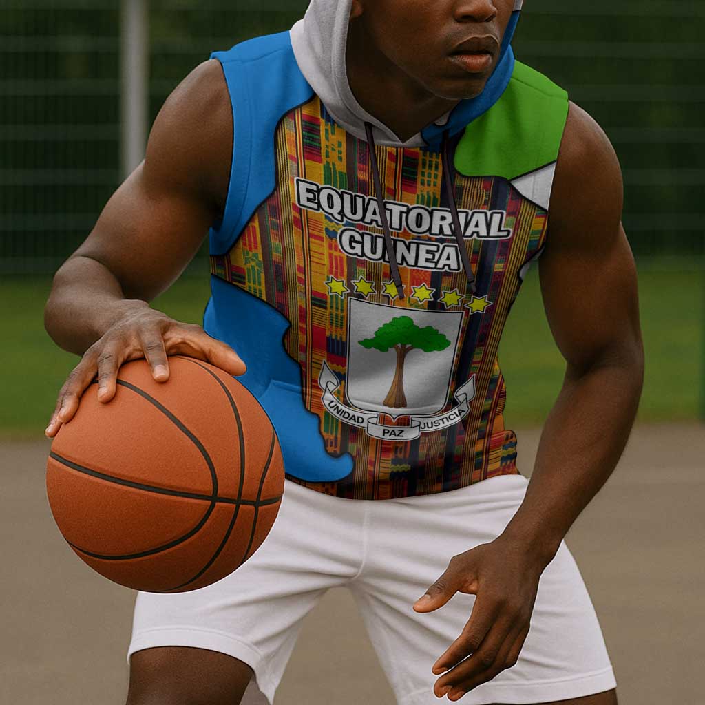 Equatorial Guinea Kente Sleeveless Hoodie - Tribal Mask and National Coat of Arms - African Pride