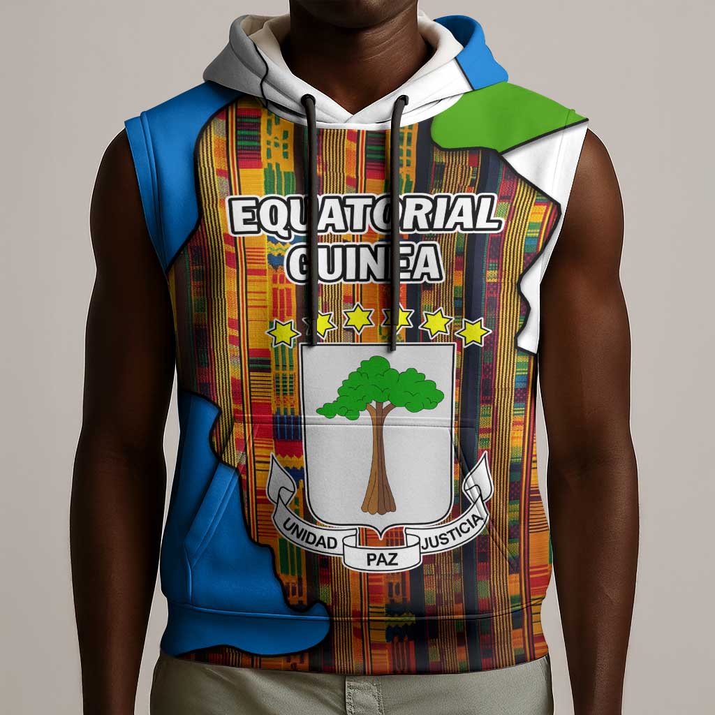 Equatorial Guinea Kente Sleeveless Hoodie - Tribal Mask and National Coat of Arms - African Pride