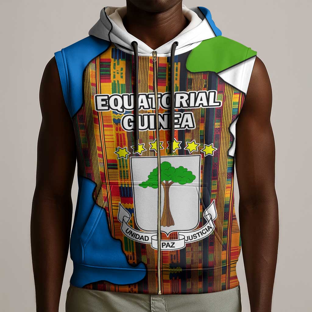Equatorial Guinea Kente Sleeveless Zip Hoodie - Tribal Mask and National Coat of Arms - African Pride