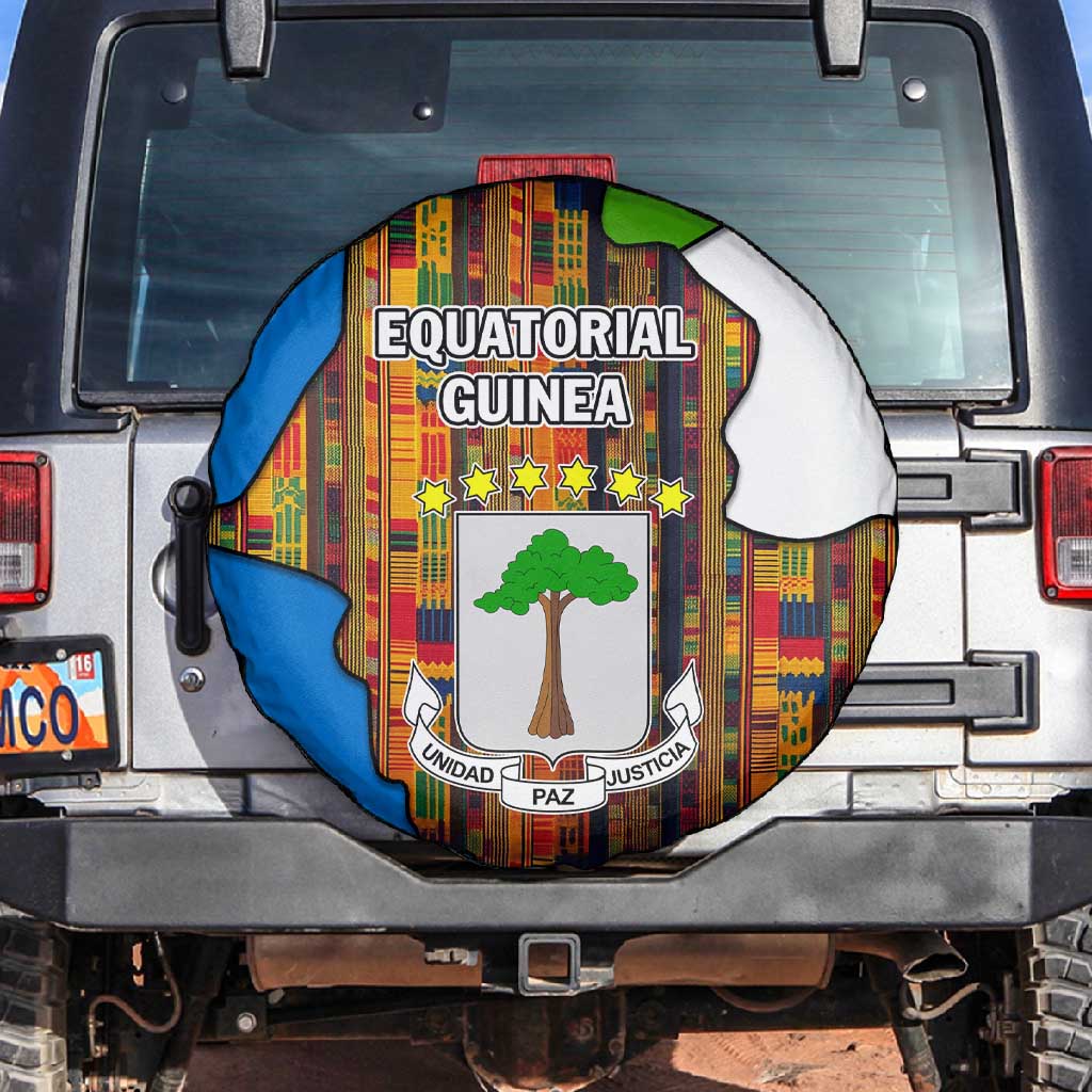 Equatorial Guinea Kente Spare Tire Cover - Tribal Mask and National Coat of Arms
