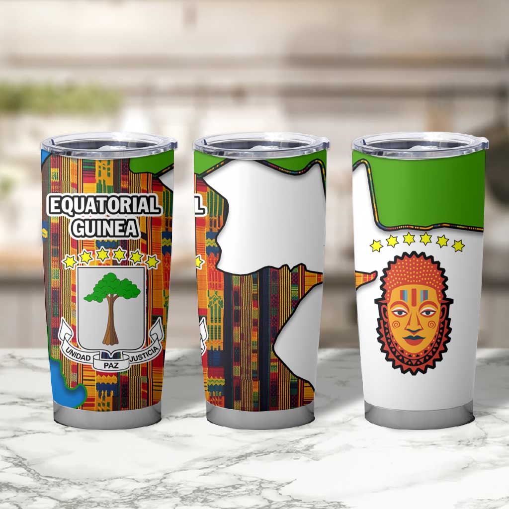 Equatorial Guinea Kente Tumbler Cup - Tribal Mask and National Coat of Arms
