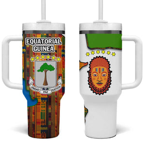 Equatorial Guinea Kente Tumbler With Handle - Tribal Mask and National Coat of Arms