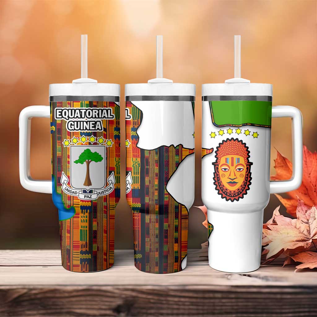 Equatorial Guinea Kente Tumbler With Handle - Tribal Mask and National Coat of Arms