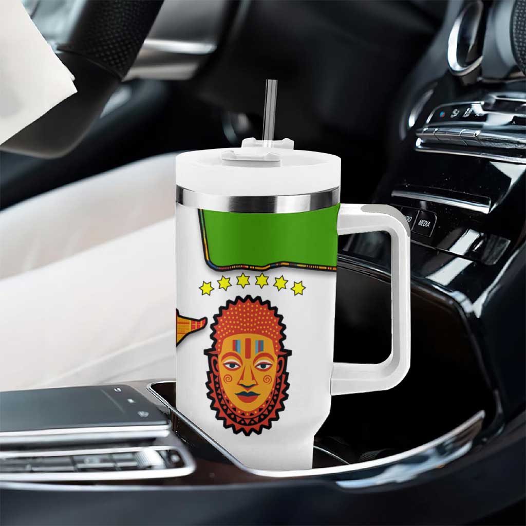 Equatorial Guinea Kente Tumbler With Handle - Tribal Mask and National Coat of Arms