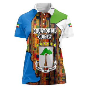 Equatorial Guinea Kente Women Polo Shirt - Tribal Mask and National Coat of Arms